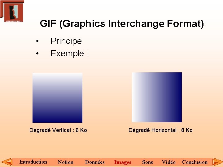 GIF (Graphics Interchange Format) • • Principe Exemple : Dégradé Vertical : 6 Ko
