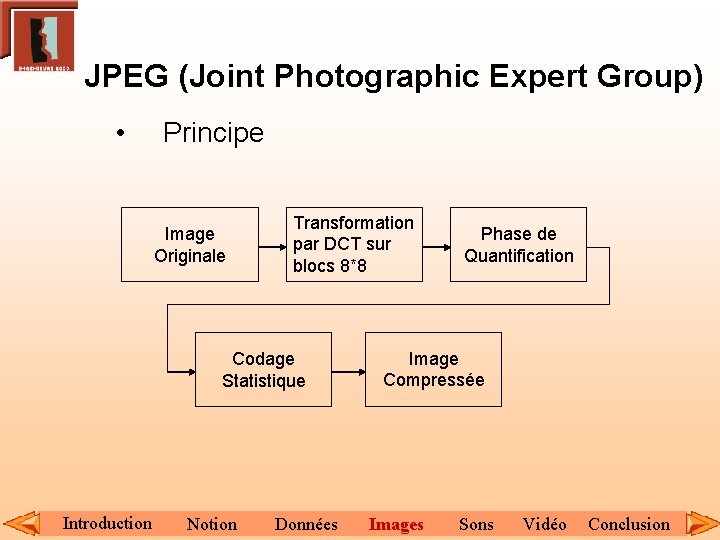 JPEG (Joint Photographic Expert Group) • Principe Image Originale Transformation par DCT sur blocs