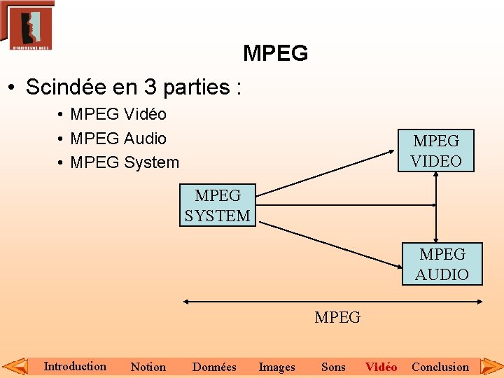 MPEG • Scindée en 3 parties : • MPEG Vidéo • MPEG Audio •