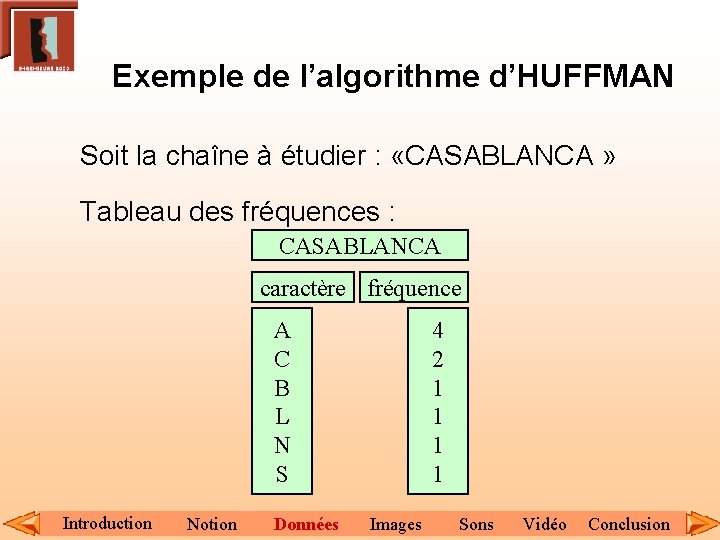 Exemple de l’algorithme d’HUFFMAN Soit la chaîne à étudier : «CASABLANCA » Tableau des