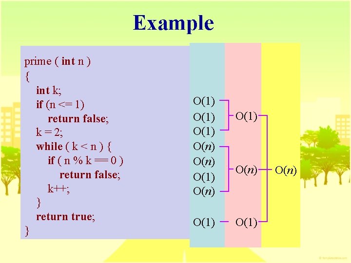 Example prime ( int n ) { int k; if (n <= 1) return