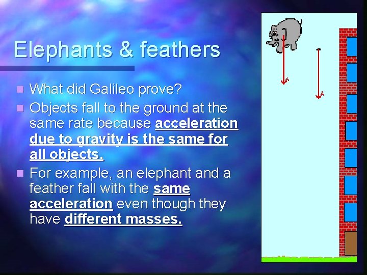 Elephants & feathers What did Galileo prove? n Objects fall to the ground at Elephants & feathers What did Galileo prove? n Objects fall to the ground at