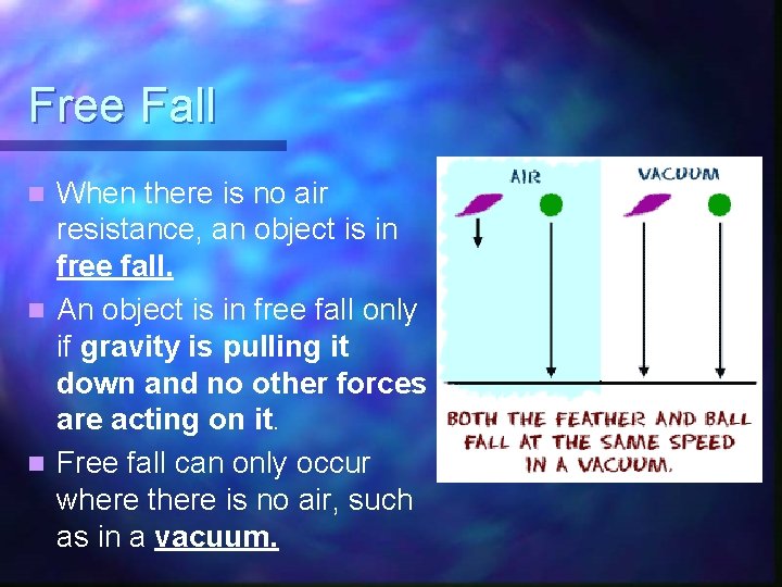 Free Fall When there is no air resistance, an object is in free fall. Free Fall When there is no air resistance, an object is in free fall.