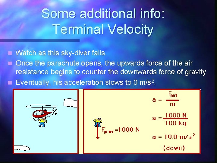 Some additional info: Terminal Velocity Watch as this sky-diver falls. n Once the parachute Some additional info: Terminal Velocity Watch as this sky-diver falls. n Once the parachute
