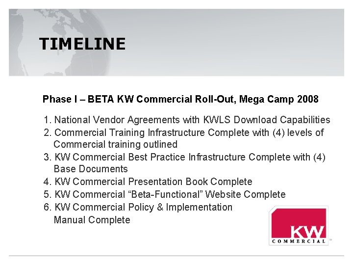 TIMELINE Phase I – BETA KW Commercial Roll-Out, Mega Camp 2008 1. National Vendor