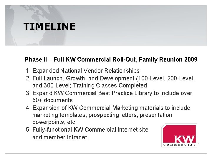 TIMELINE Phase II – Full KW Commercial Roll-Out, Family Reunion 2009 1. Expanded National