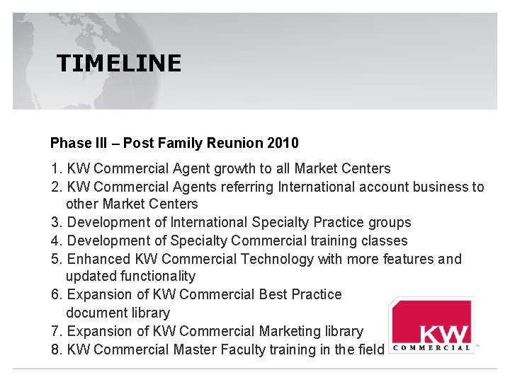 TIMELINE Phase III – Post Family Reunion 2010 1. KW Commercial Agent growth to