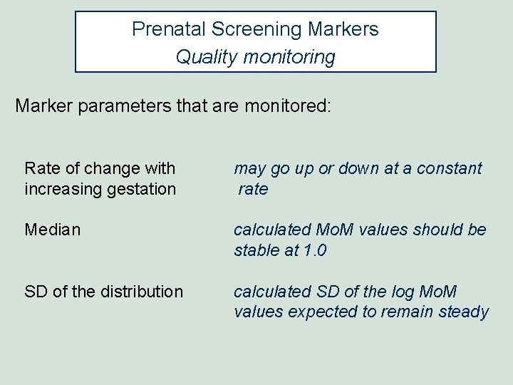 Prenatal Screening Markers Quality monitoring Marker parameters that are monitored: Rate of change with Prenatal Screening Markers Quality monitoring Marker parameters that are monitored: Rate of change with