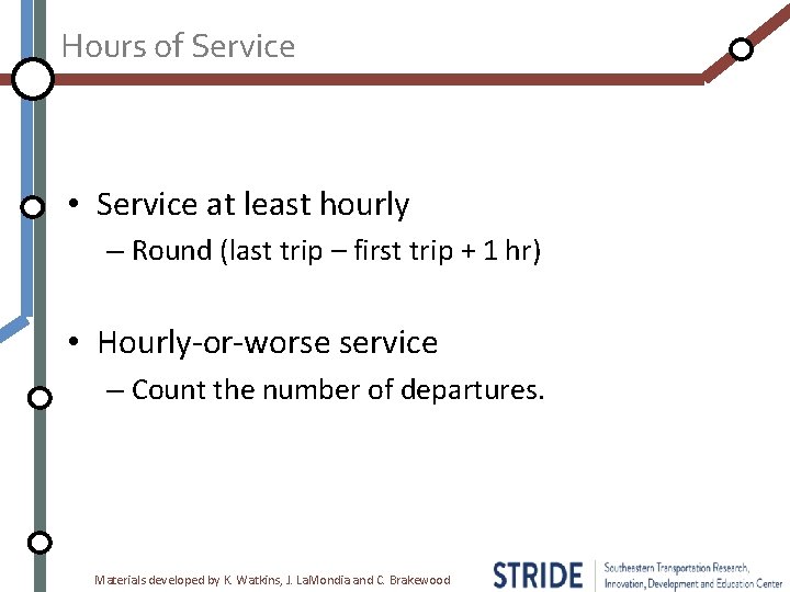 Hours of Service • Service at least hourly – Round (last trip – first