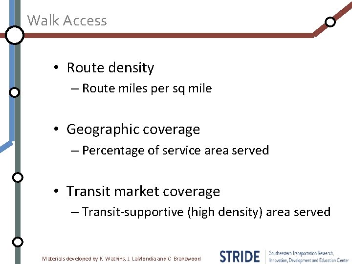 Walk Access • Route density – Route miles per sq mile • Geographic coverage