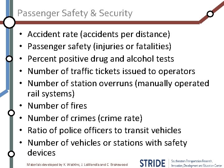 Passenger Safety & Security • • • Accident rate (accidents per distance) Passenger safety
