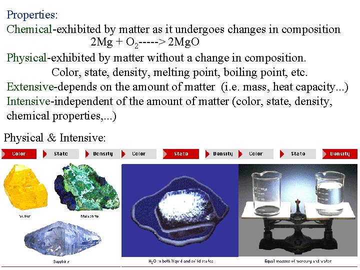 Properties: Chemical-exhibited by matter as it undergoes changes in composition 2 Mg + O