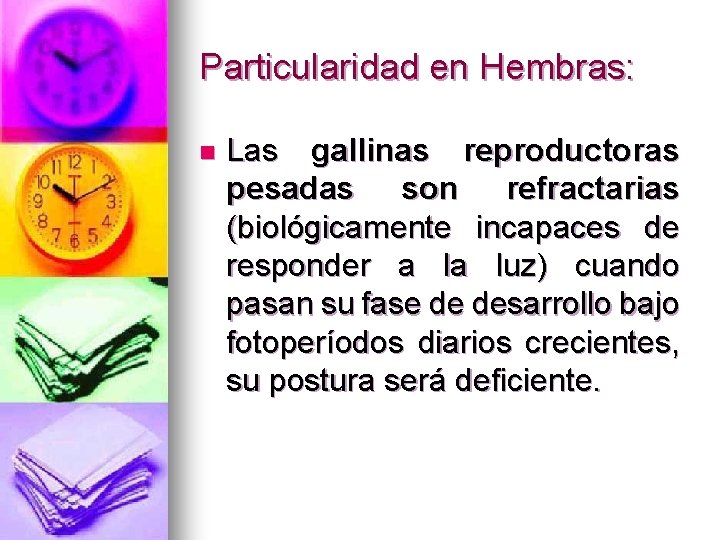 Particularidad en Hembras: n Las gallinas reproductoras pesadas son refractarias (biológicamente incapaces de responder