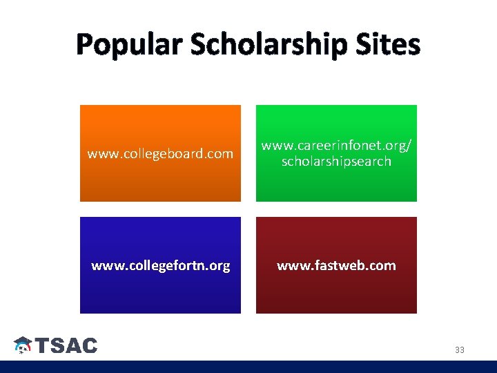 Popular Scholarship Sites www. collegeboard. com www. careerinfonet. org/ scholarshipsearch www. collegefortn. org www. Popular Scholarship Sites www. collegeboard. com www. careerinfonet. org/ scholarshipsearch www. collegefortn. org www.
