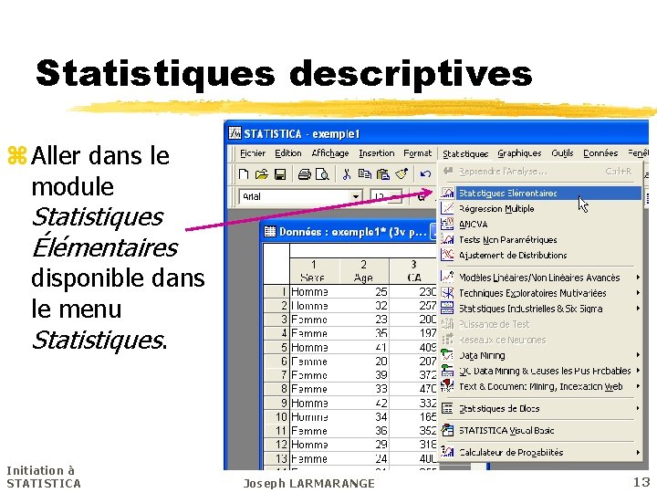 Statistiques descriptives z Aller dans le module Statistiques Élémentaires disponible dans le menu Statistiques.