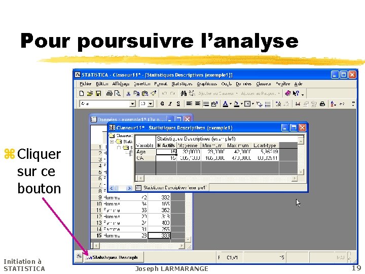 Pour poursuivre l’analyse z Cliquer sur ce bouton Initiation à STATISTICA Joseph LARMARANGE 19