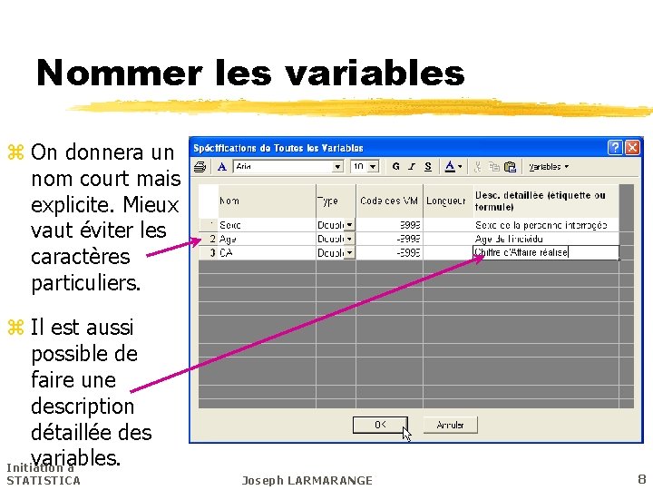 Nommer les variables z On donnera un nom court mais explicite. Mieux vaut éviter