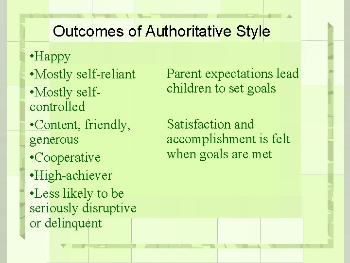 Outcomes of Authoritative Style • Happy • Mostly self-reliant • Mostly selfcontrolled • Content,