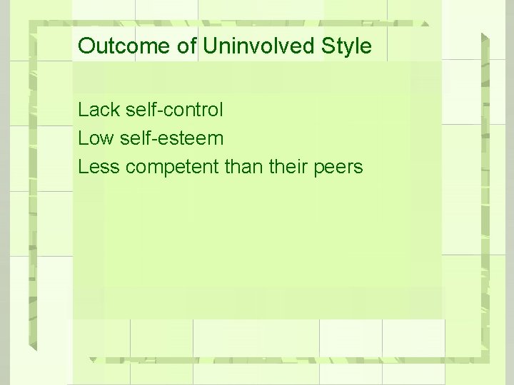 Outcome of Uninvolved Style Lack self-control Low self-esteem Less competent than their peers 