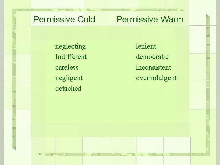 Permissive Cold Permissive Warm neglecting Indifferent careless negligent detached lenient democratic inconsistent overindulgent 