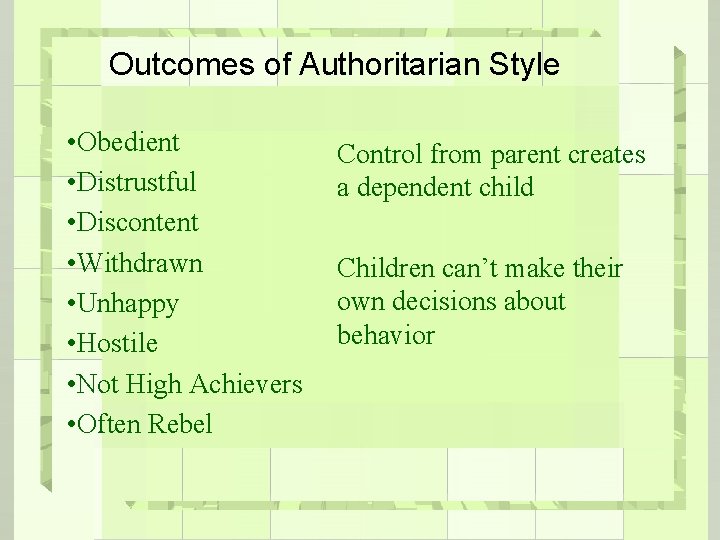 Outcomes of Authoritarian Style • Obedient • Distrustful • Discontent • Withdrawn • Unhappy