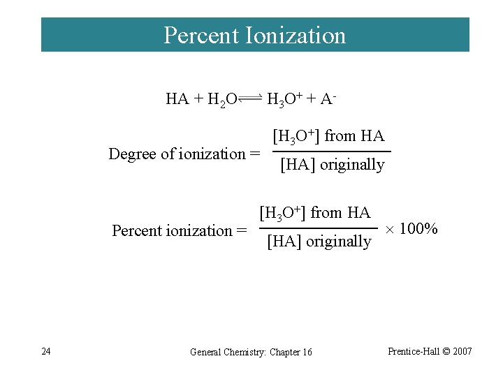Percent Ionization HA + H 2 O H 3 O+ + A- Degree of