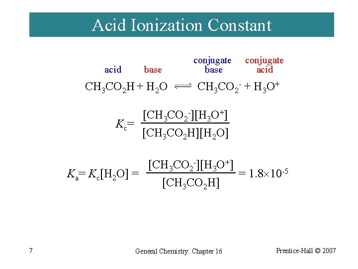 Acid Ionization Constant acid base CH 3 CO 2 H + H 2 O