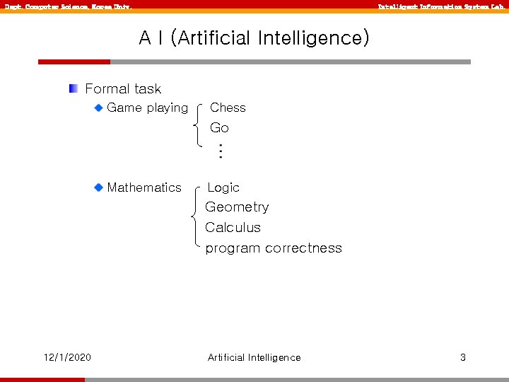 Dept. Computer Science, Korea Univ. Intelligent Information System Lab. A I (Artificial Intelligence) Formal