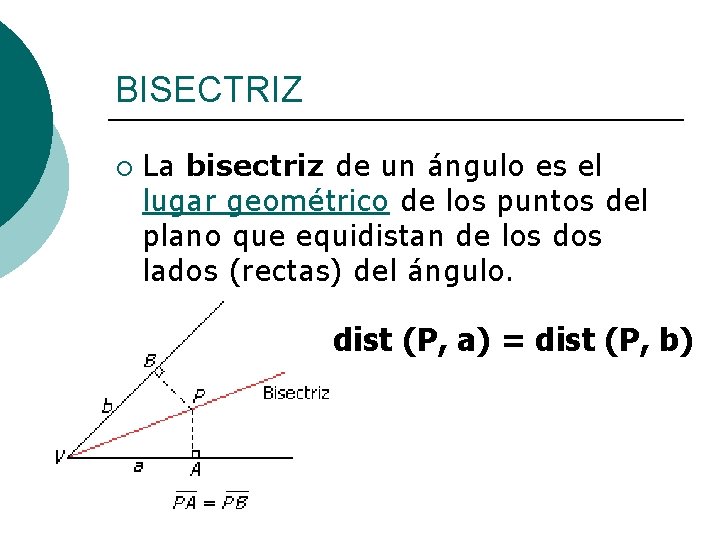 BISECTRIZ ¡ La bisectriz de un ángulo es el lugar geométrico de los puntos