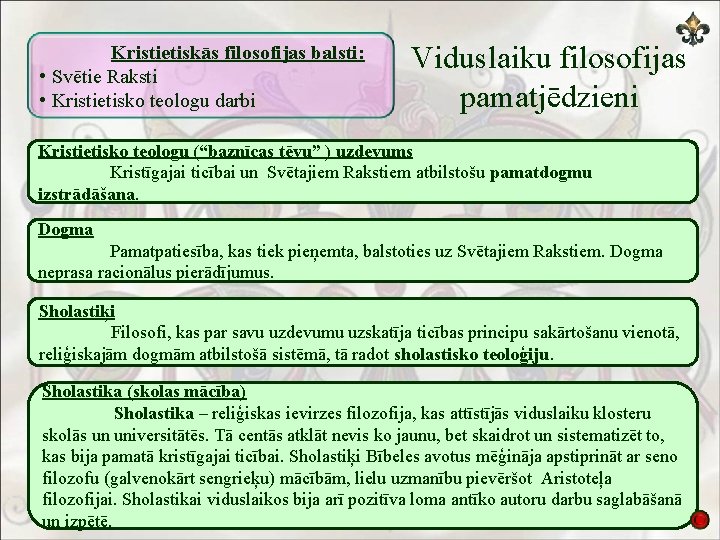 Kristietiskās filosofijas balsti: • Svētie Raksti • Kristietisko teologu darbi Viduslaiku filosofijas pamatjēdzieni Kristietisko