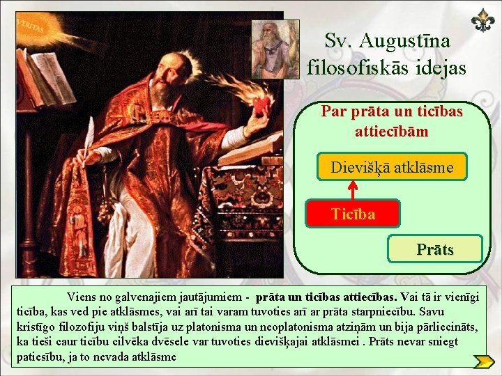 Sv. Augustīna filosofiskās idejas Par prāta un ticības attiecībām Dievišķā atklāsme Ticība Prāts Viens