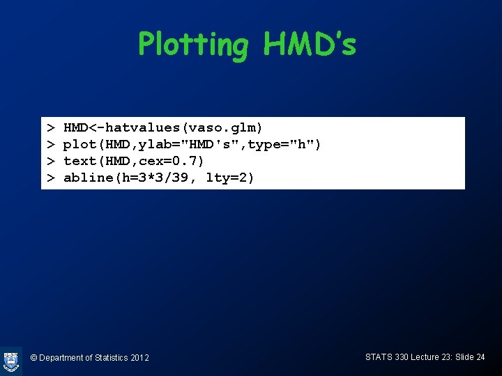 Plotting HMD’s > > HMD<-hatvalues(vaso. glm) plot(HMD, ylab="HMD's", type="h") text(HMD, cex=0. 7) abline(h=3*3/39, lty=2)