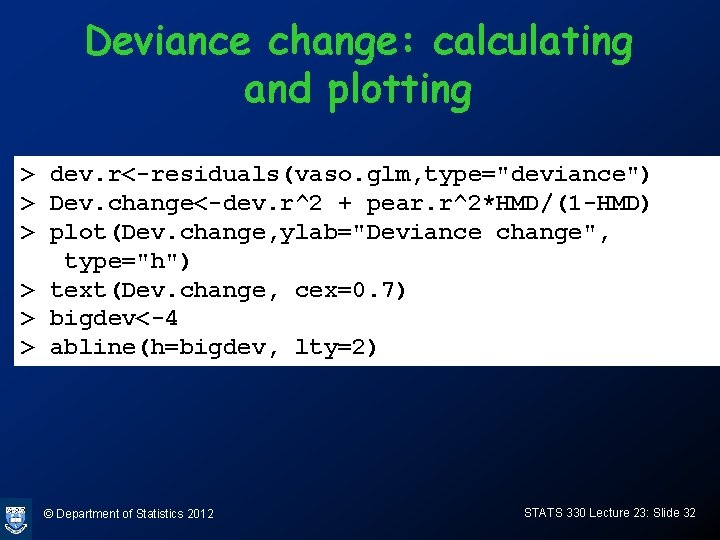 Deviance change: calculating and plotting > dev. r<-residuals(vaso. glm, type="deviance") > Dev. change<-dev. r^2