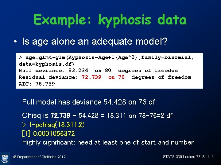 Example: kyphosis data • Is age alone an adequate model? > age. glm<-glm(Kyphosis~Age+I(Age^2), family=binomial,