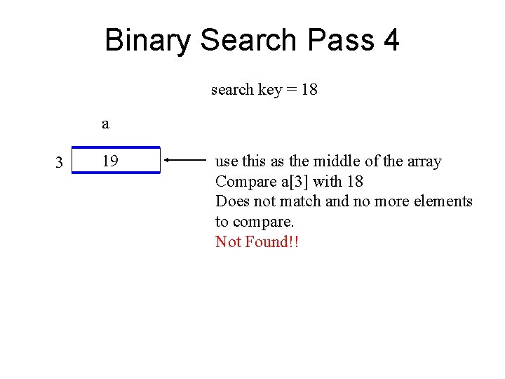 Binary Search Pass 4 search key = 18 a 3 19 use this as