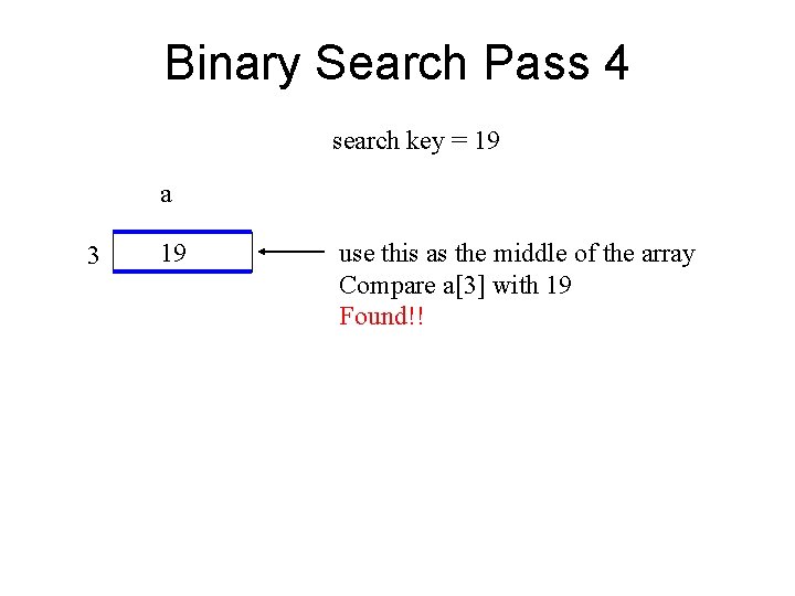 Binary Search Pass 4 search key = 19 a 3 19 use this as