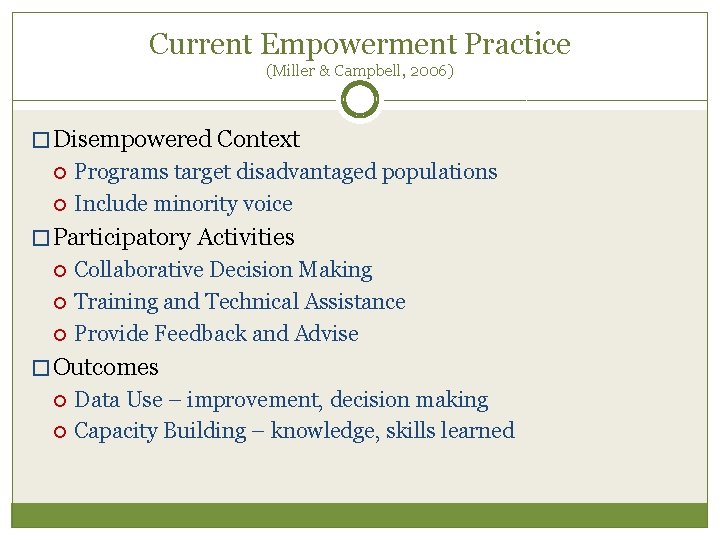 Current Empowerment Practice (Miller & Campbell, 2006) � Disempowered Context Programs target disadvantaged populations