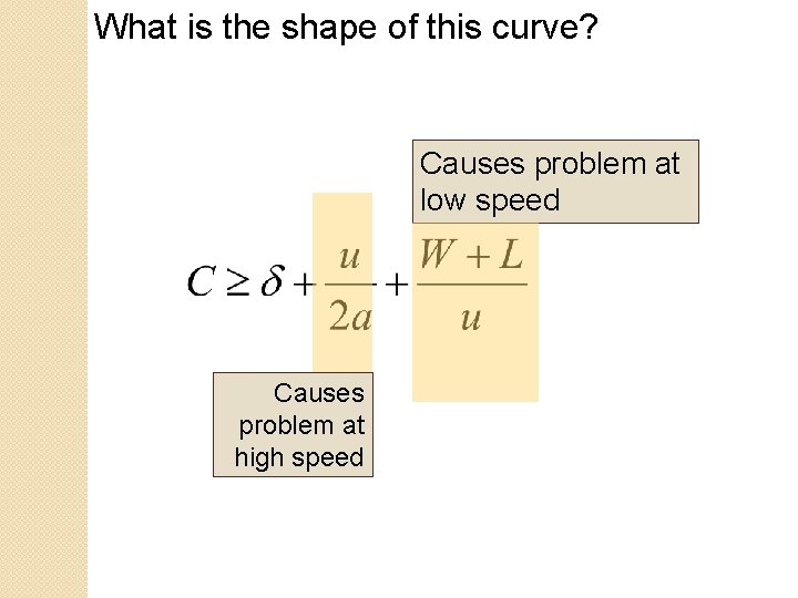 What is the shape of this curve? Causes problem at low speed Causes problem What is the shape of this curve? Causes problem at low speed Causes problem