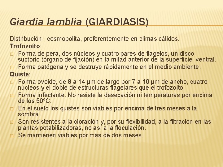 Giardia lamblia (GIARDIASIS) Distribución: cosmopolita, preferentemente en climas cálidos. Trofozoíto: � Forma de pera,