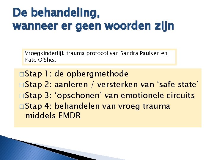 De behandeling, wanneer er geen woorden zijn Vroegkinderlijk trauma protocol van Sandra Paulsen en