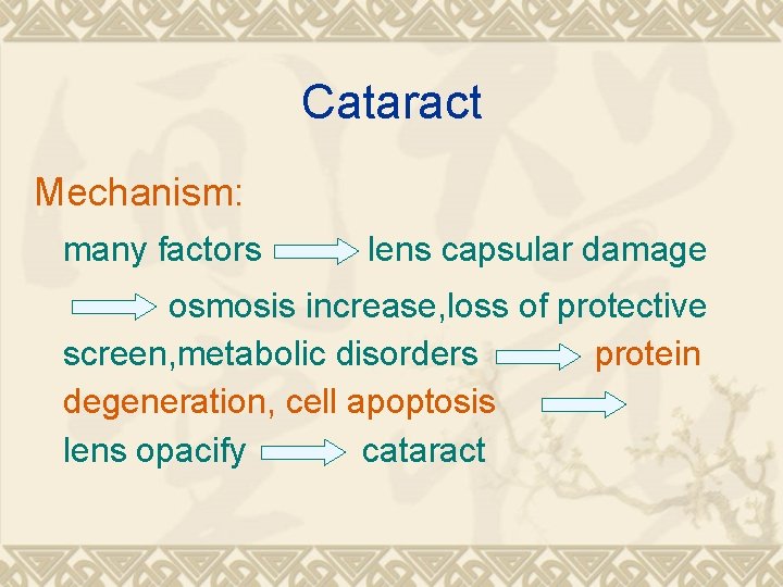 Cataract Mechanism: many factors lens capsular damage osmosis increase, loss of protective screen, metabolic Cataract Mechanism: many factors lens capsular damage osmosis increase, loss of protective screen, metabolic