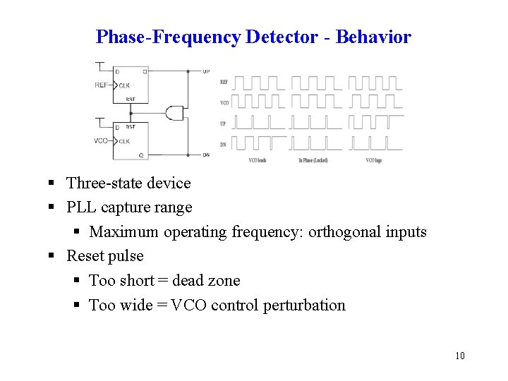 Phase-Frequency Detector - Behavior § Three-state device § PLL capture range § Maximum operating