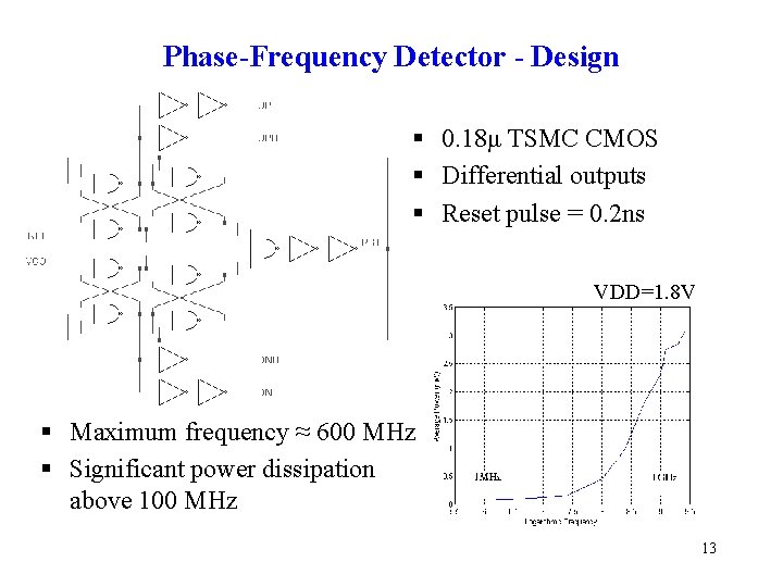 Phase-Frequency Detector - Design § 0. 18μ TSMC CMOS § Differential outputs § Reset