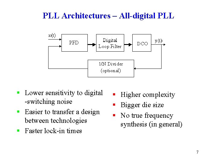 PLL Architectures – All-digital PLL § Lower sensitivity to digital -switching noise § Easier