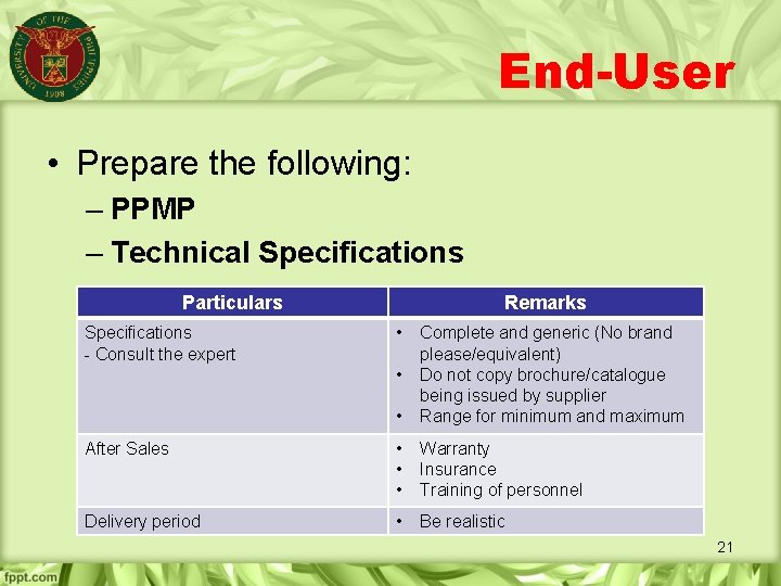 End-User • Prepare the following: – PPMP – Technical Specifications Particulars Specifications - Consult