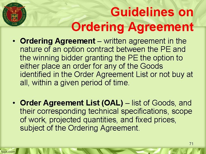 Guidelines on Ordering Agreement • Ordering Agreement – written agreement in the nature of
