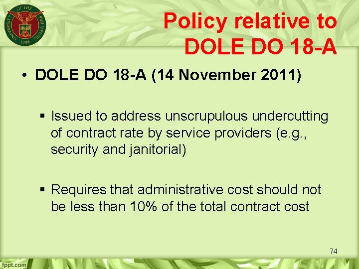 Policy relative to DOLE DO 18 -A • DOLE DO 18 -A (14 November