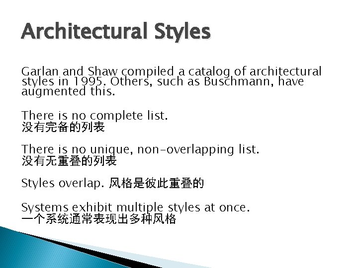 Architectural Styles Garlan and Shaw compiled a catalog of architectural styles in 1995. Others, Architectural Styles Garlan and Shaw compiled a catalog of architectural styles in 1995. Others,