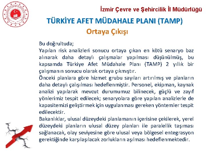 İzmir Çevre ve Şehircilik İl Müdürlüğü TÜRKİYE AFET MÜDAHALE PLANI (TAMP) Ortaya Çıkışı Bu