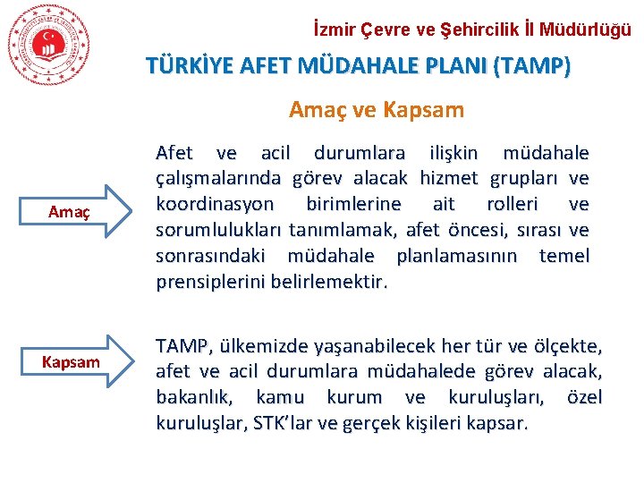 İzmir Çevre ve Şehircilik İl Müdürlüğü TÜRKİYE AFET MÜDAHALE PLANI (TAMP) Amaç ve Kapsam